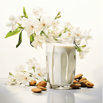 Is almond milk good for acne - glass of almond milk with white flowers
