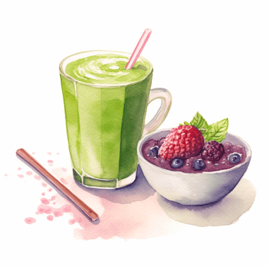 Green tea next to a bowl of berries