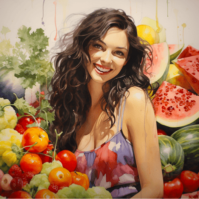 Woman smiling, surrounded by plant-based food for liver and acne.