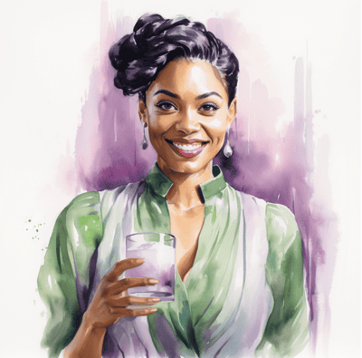 Woman drinking glass of plant-based milk