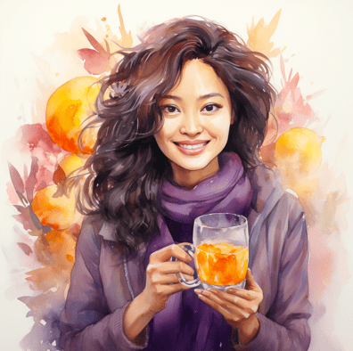 Woman drinking a cup of ginger peach turmeric tea